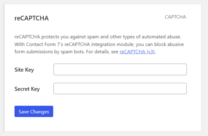Insert the keys Configure the integration of contact form 7 with Google recaptcha